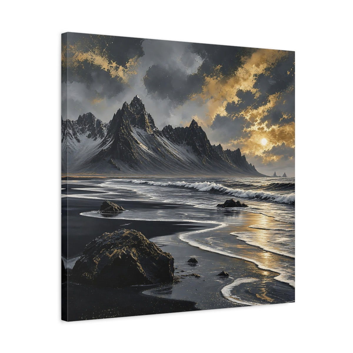 Side Mockup 4. Nature Black Beach Black Gold Landscape shown as stretched canvas wall art
