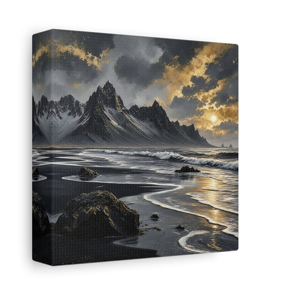 Side Mockup 2. Nature Black Beach Black Gold Landscape shown as stretched canvas wall art