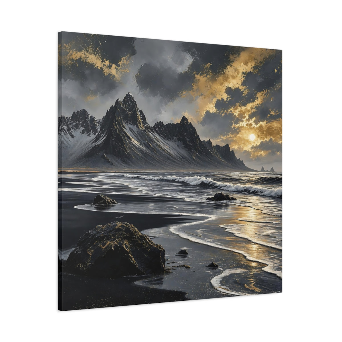 Side Mockup 1. Nature Black Beach Black Gold Landscape shown as stretched canvas wall art