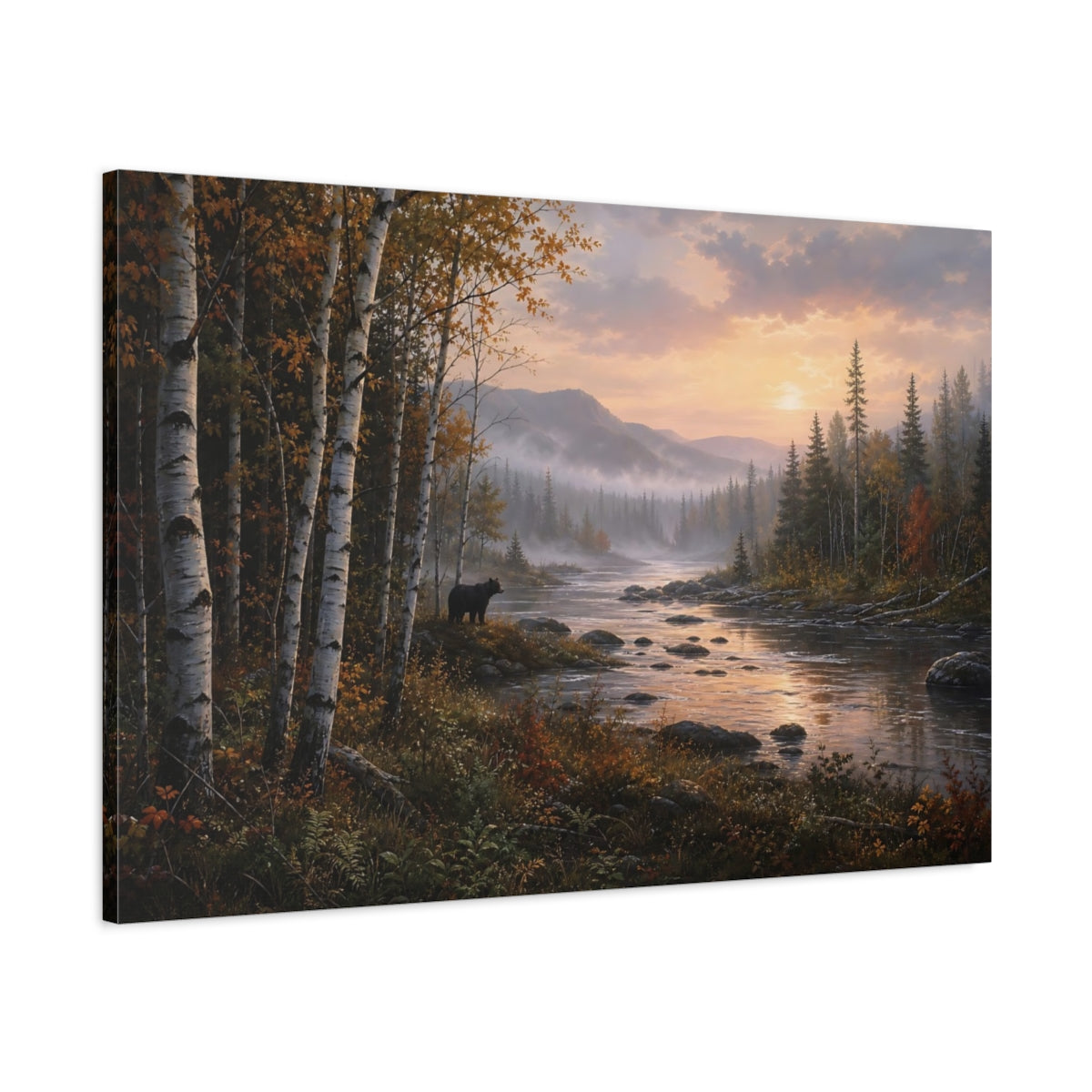 Main Mockup. Nature Black Bear Autumn River Bear shown as stretched canvas wall art