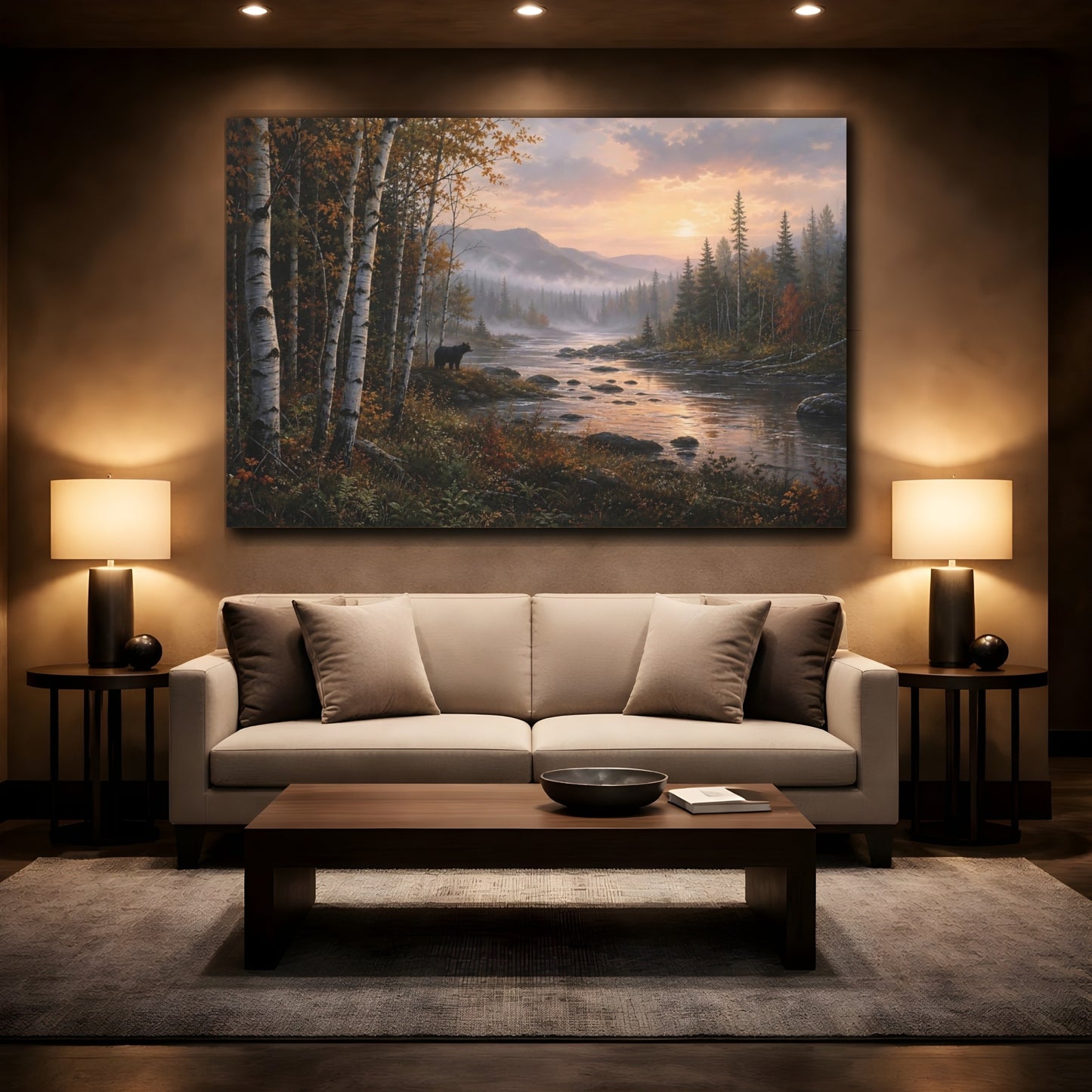 Mockup 2. Nature Black Bear Autumn River Bear shown as stretched canvas wall art