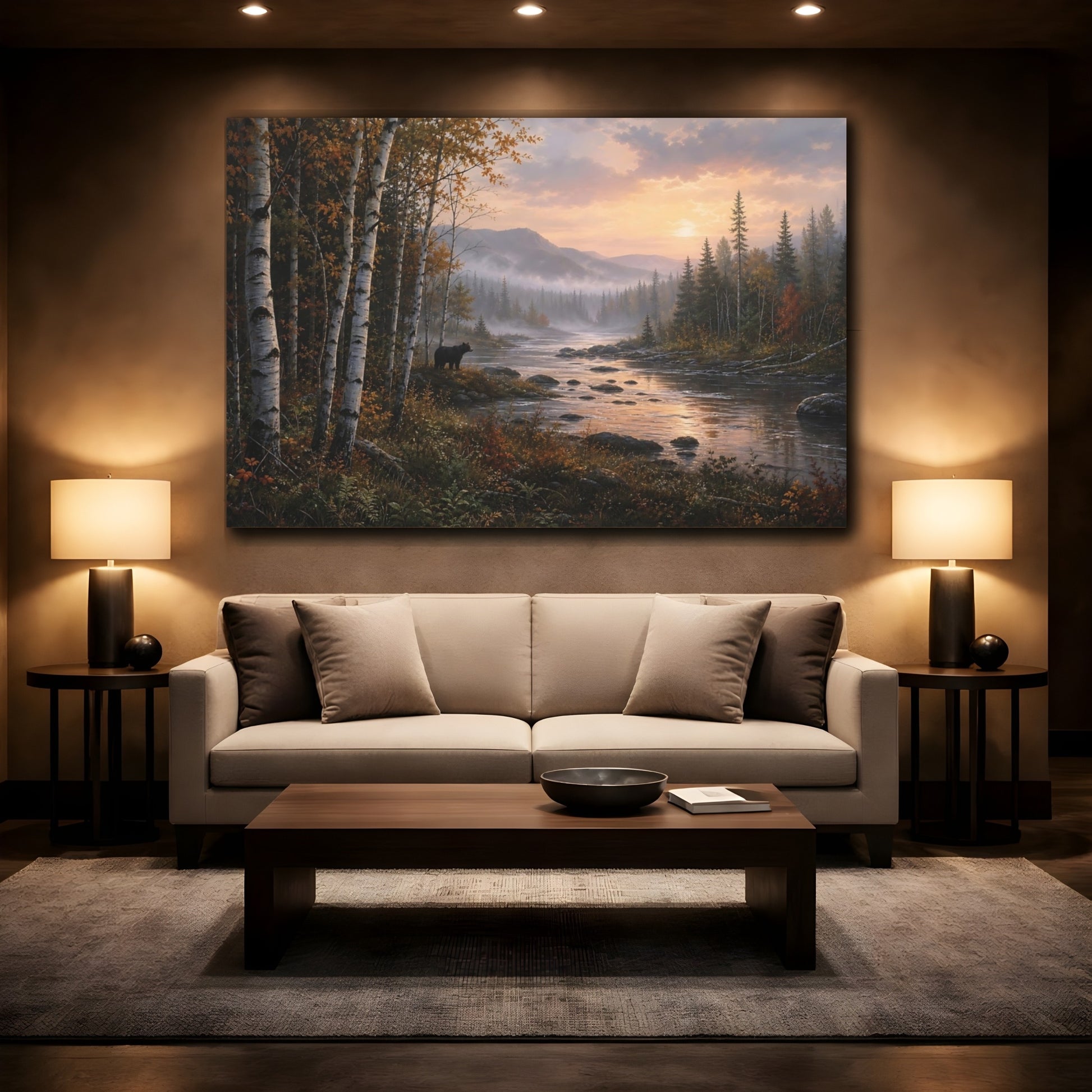 Mockup 2. Nature Black Bear Autumn River Bear shown as stretched canvas wall art