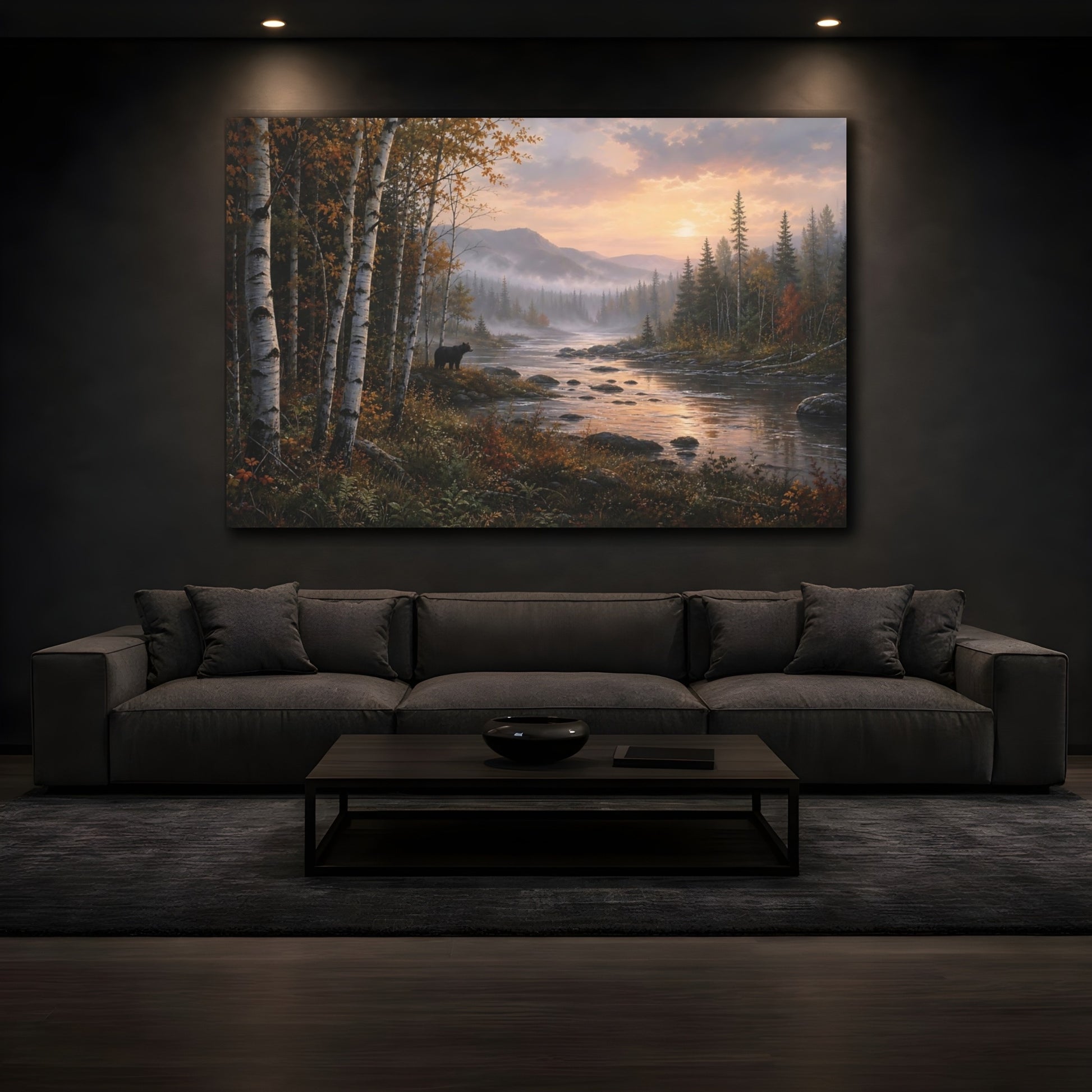 Mockup 3. Nature Black Bear Autumn River Bear shown as stretched canvas wall art