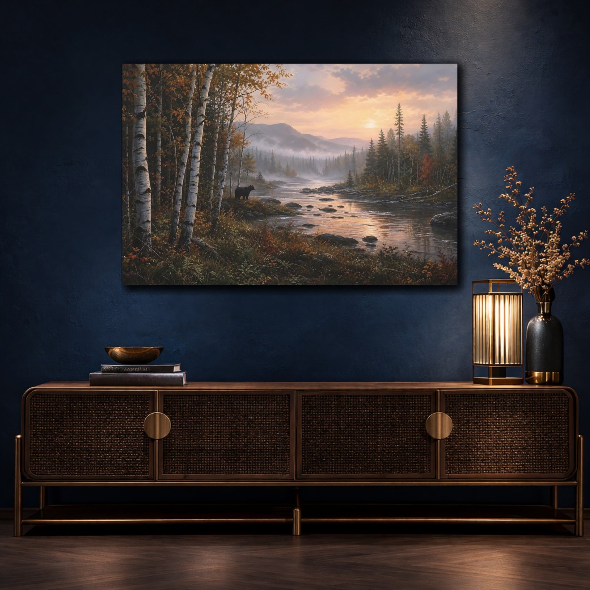 Mockup 4. Nature Black Bear Autumn River Bear shown as stretched canvas wall art