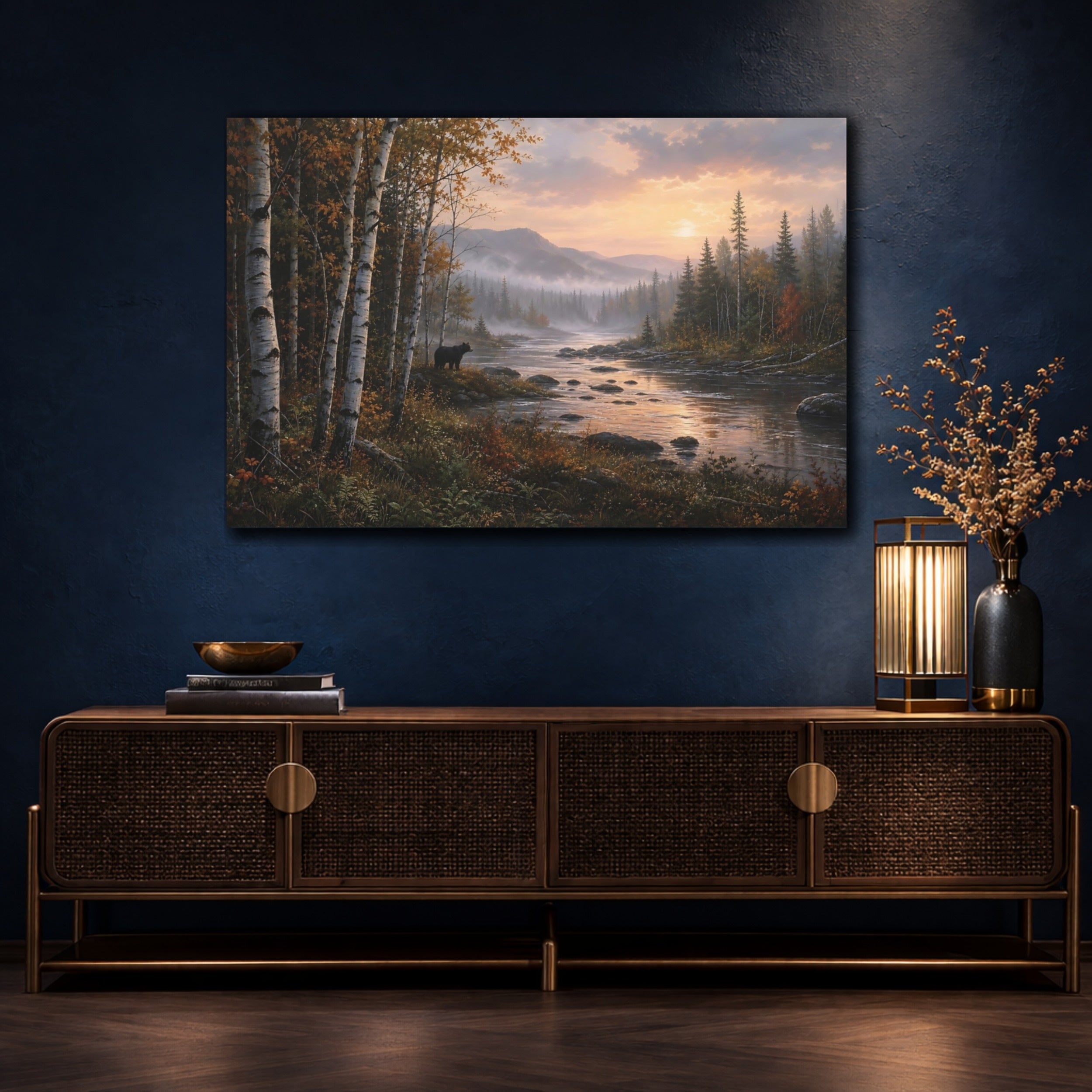 Mockup 4. Nature Black Bear Autumn River Bear shown as stretched canvas wall art