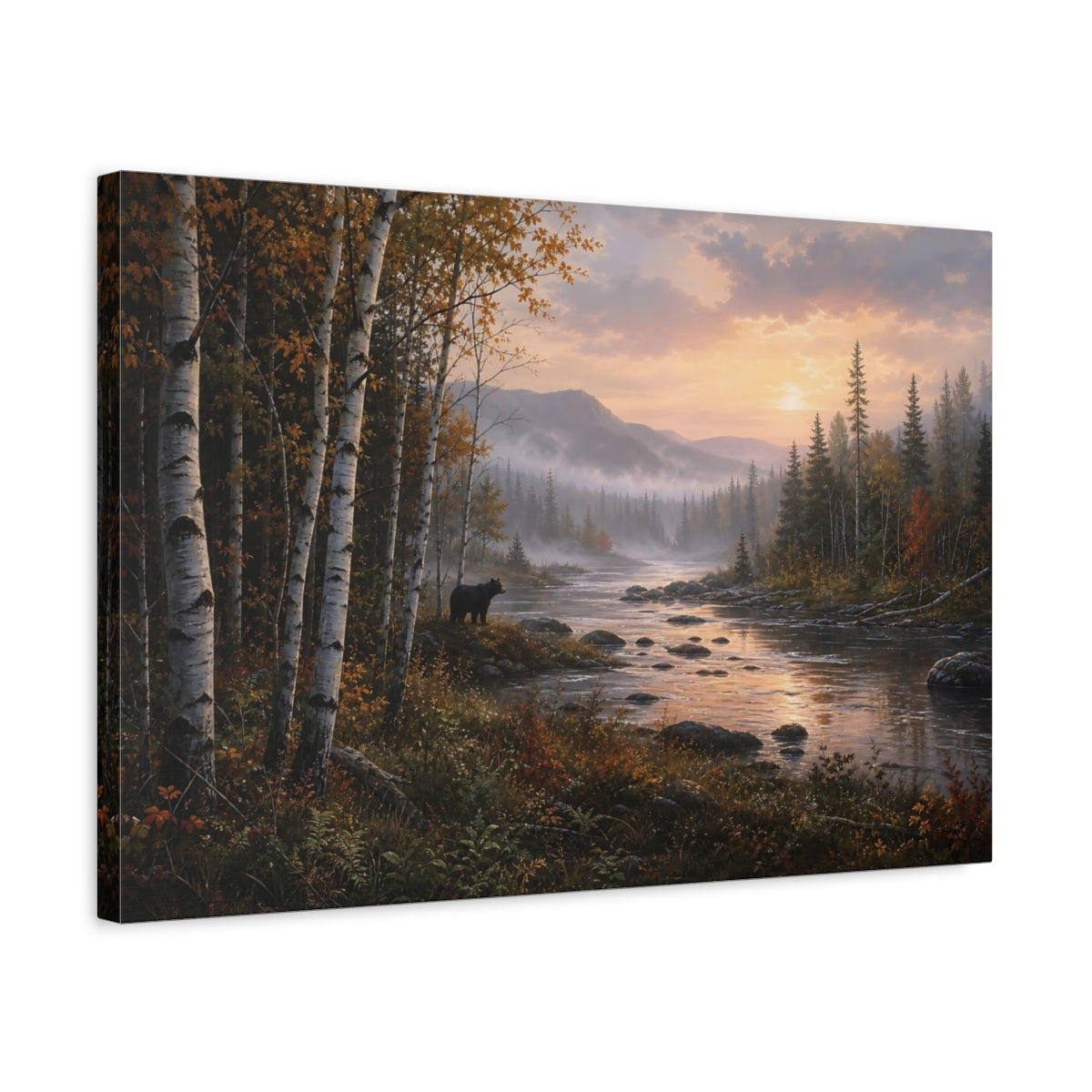 Side Mockup 3. Nature Black Bear Autumn River Bear shown as stretched canvas wall art