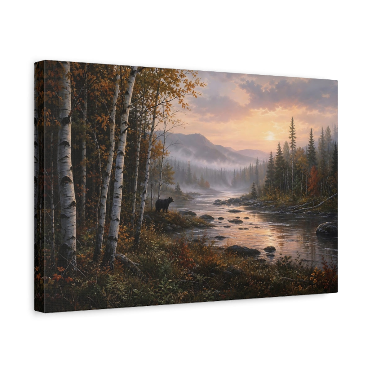 Side Mockup 4. Nature Black Bear Autumn River Bear shown as stretched canvas wall art