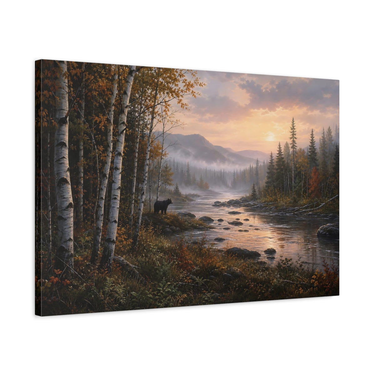 Side Mockup 2. Nature Black Bear Autumn River Bear shown as stretched canvas wall art