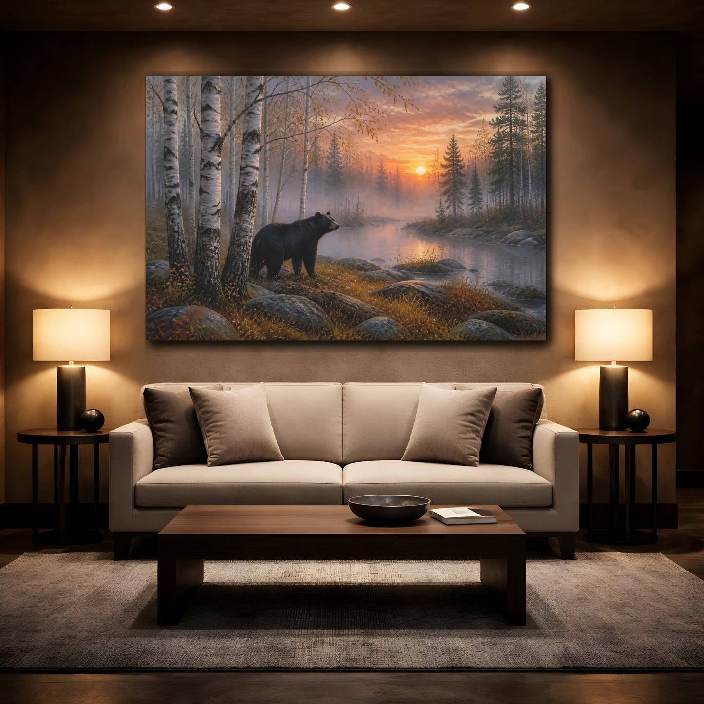 Mockup 2. Nature Black Bear Black Bear Forest Sunset shown as stretched canvas wall art