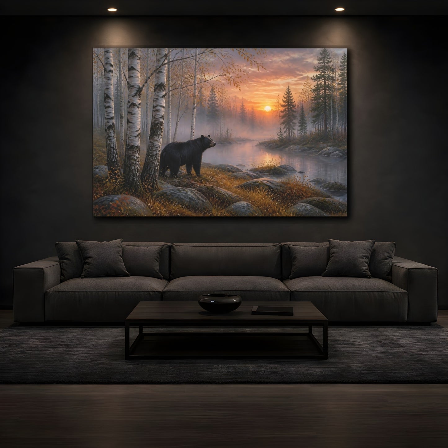 Mockup 3. Nature Black Bear Black Bear Forest Sunset shown as stretched canvas wall art