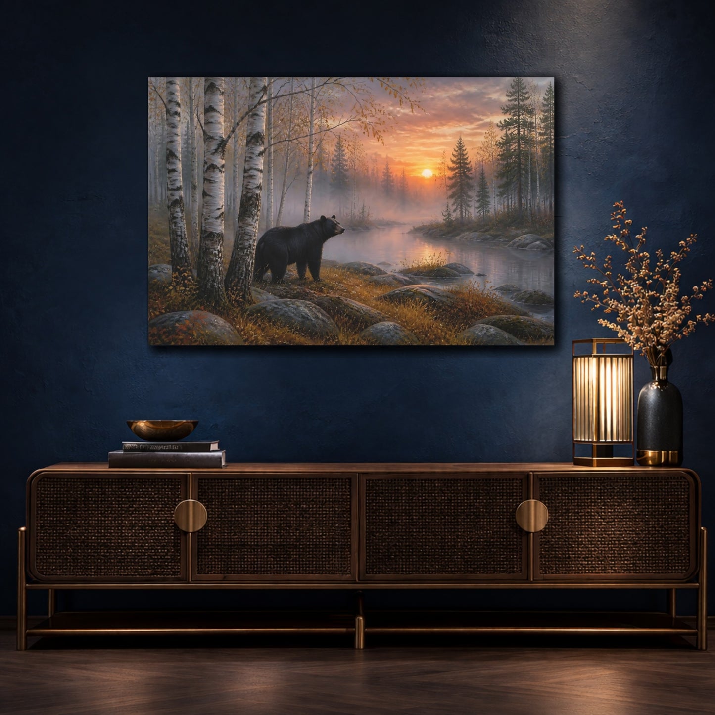 Mockup 4. Nature Black Bear Black Bear Forest Sunset shown as stretched canvas wall art