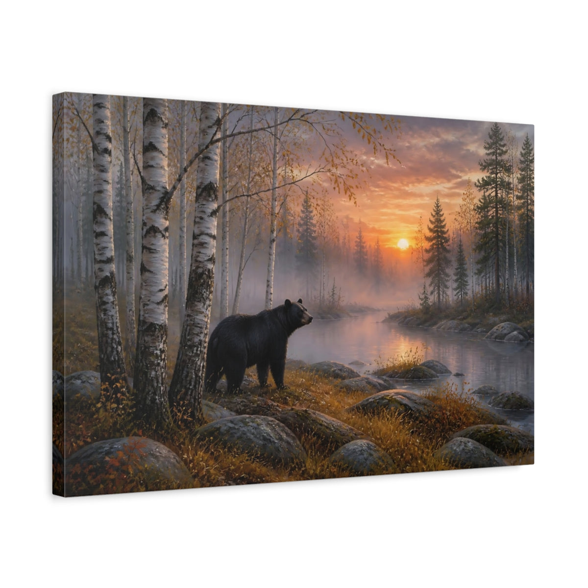 Side Mockup 3. Nature Black Bear Black Bear Forest Sunset shown as stretched canvas wall art