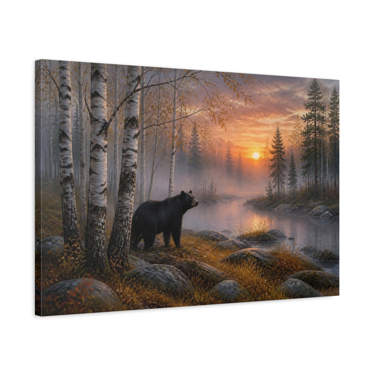 Side Mockup 2. Nature Black Bear Black Bear Forest Sunset shown as stretched canvas wall art