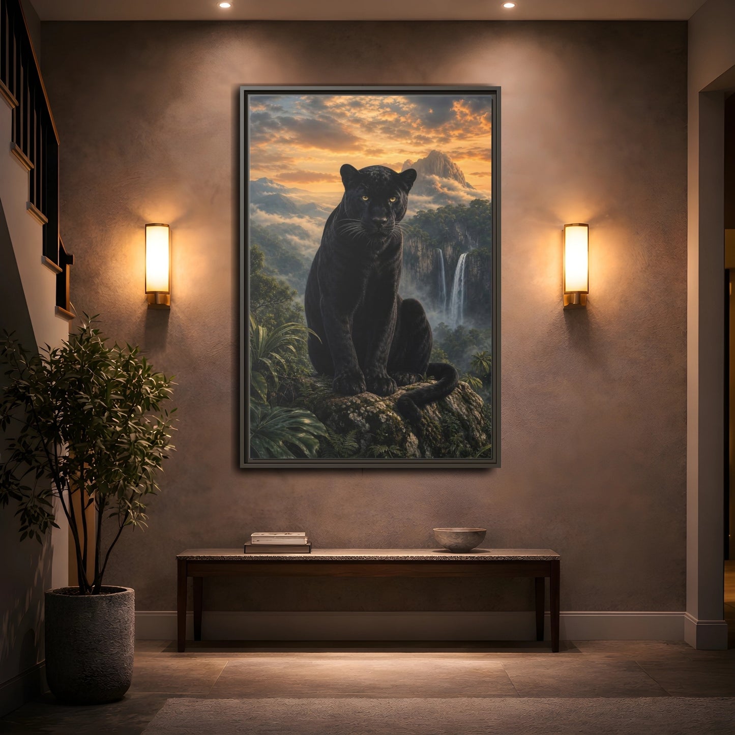 Nature Black Panther Sunset Framed Canvas Wall Art - Realistic Living Room shown as canvas wall art