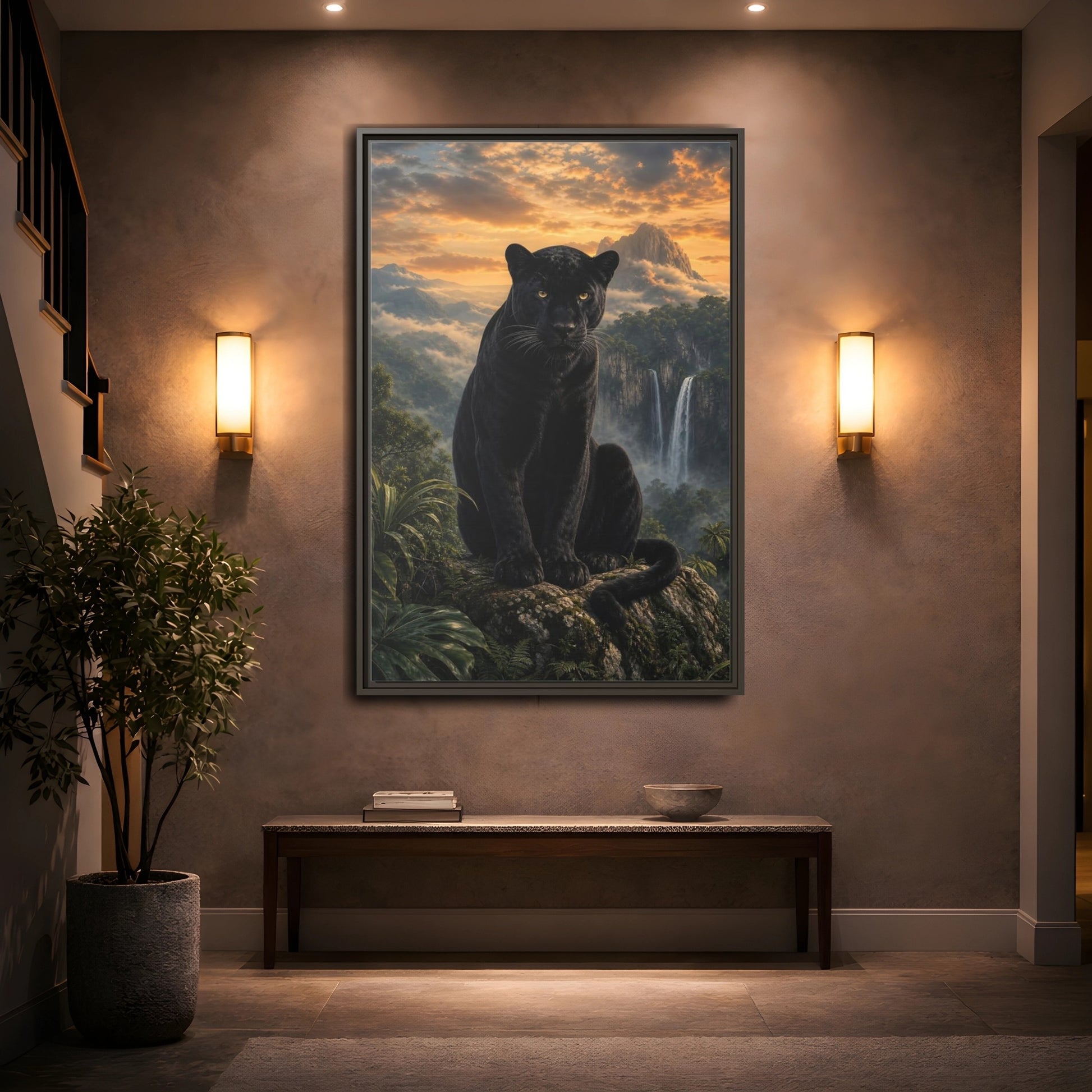 Nature Black Panther Sunset Framed Canvas Wall Art - Realistic Living Room shown as canvas wall art