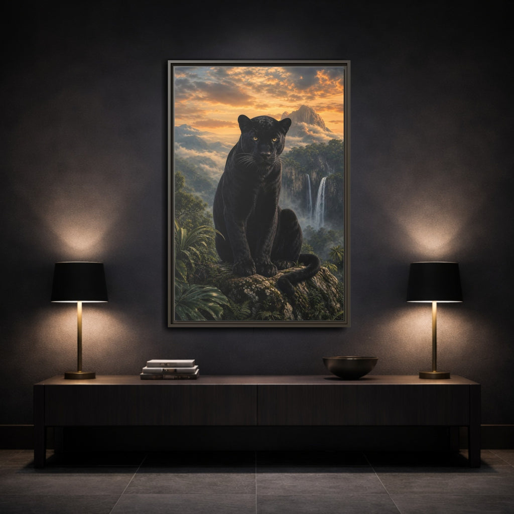 Mockup 3. Nature Black Panther Black Panther Sunset shown as stretched canvas wall art
