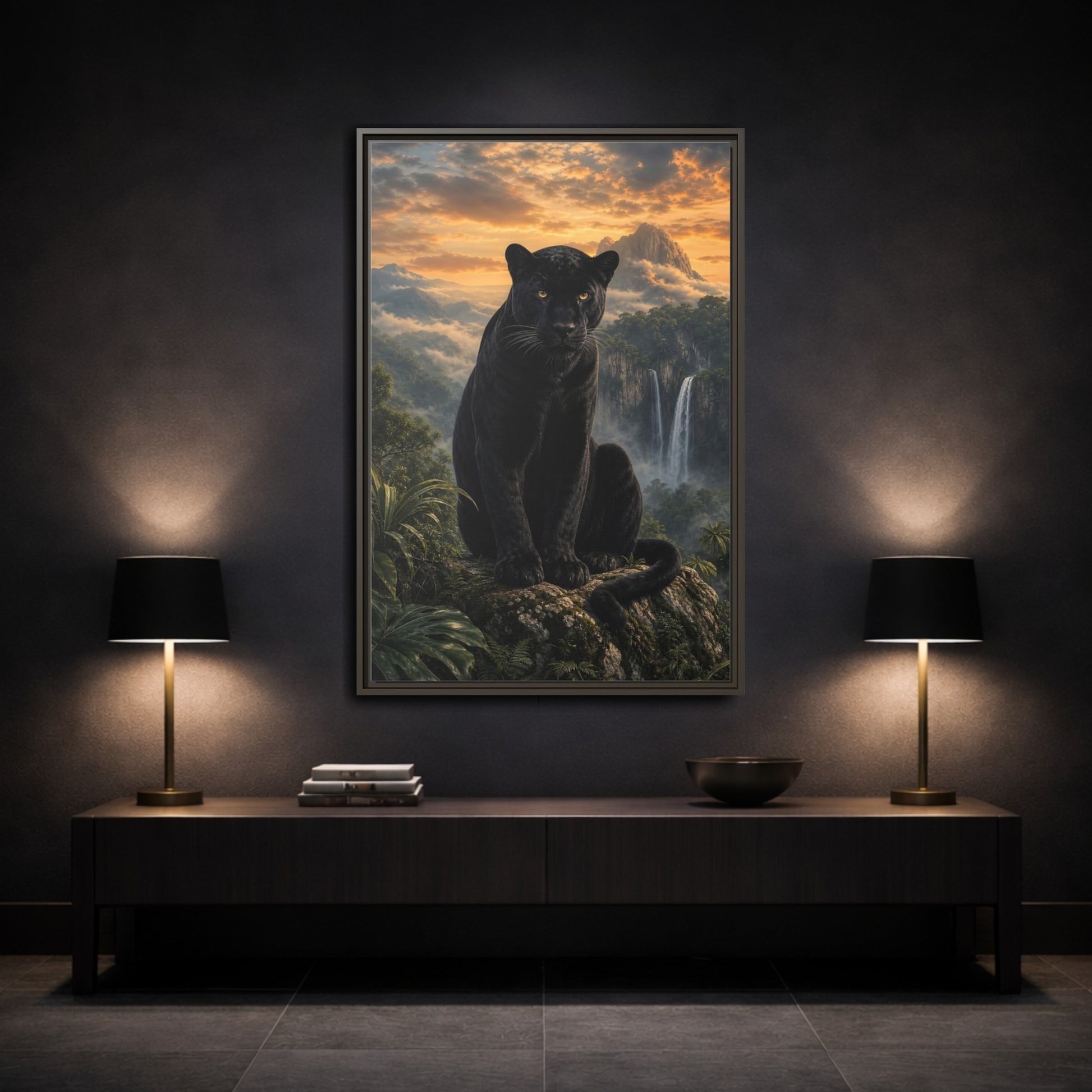Nature Black Panther Sunset Framed Canvas Wall Art - Realistic Living Room shown as canvas wall art