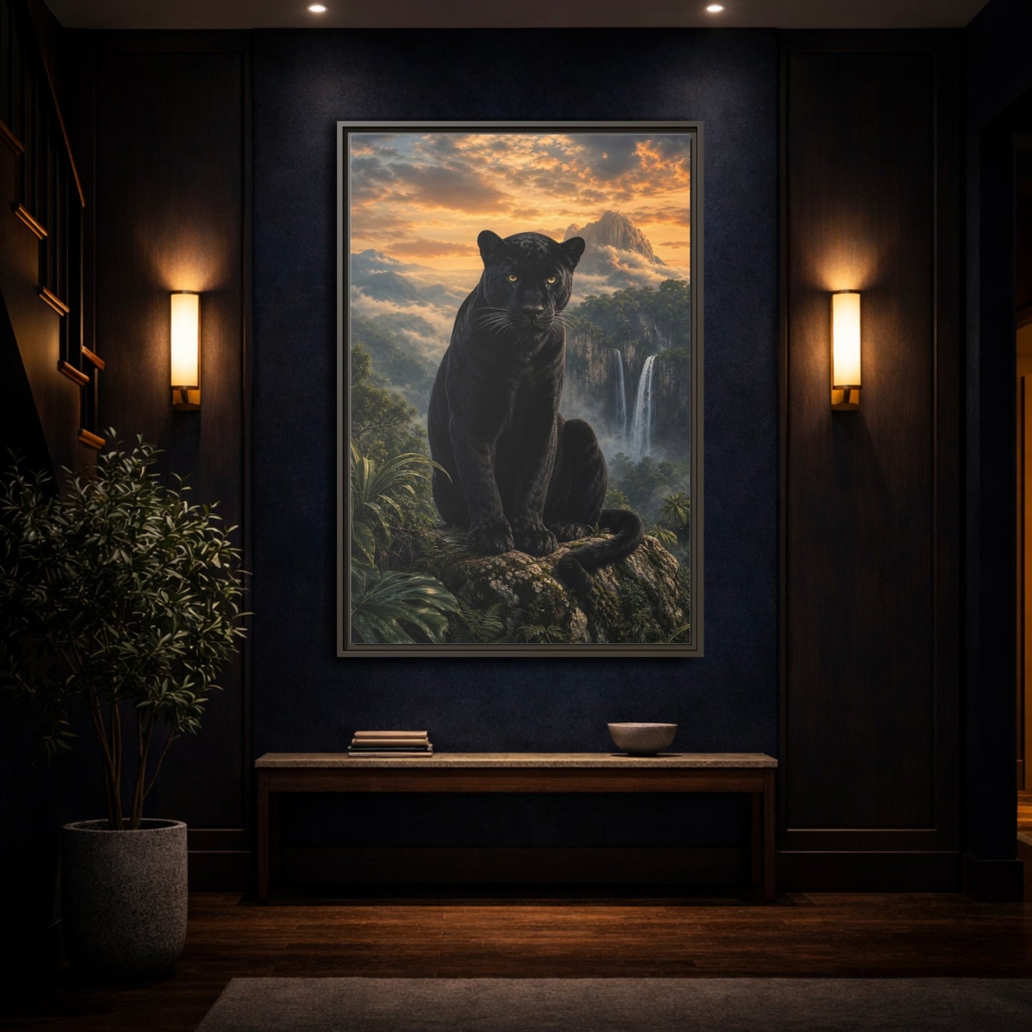 Nature Black Panther Sunset Framed Canvas Wall Art - Realistic Living Room shown as canvas wall art
