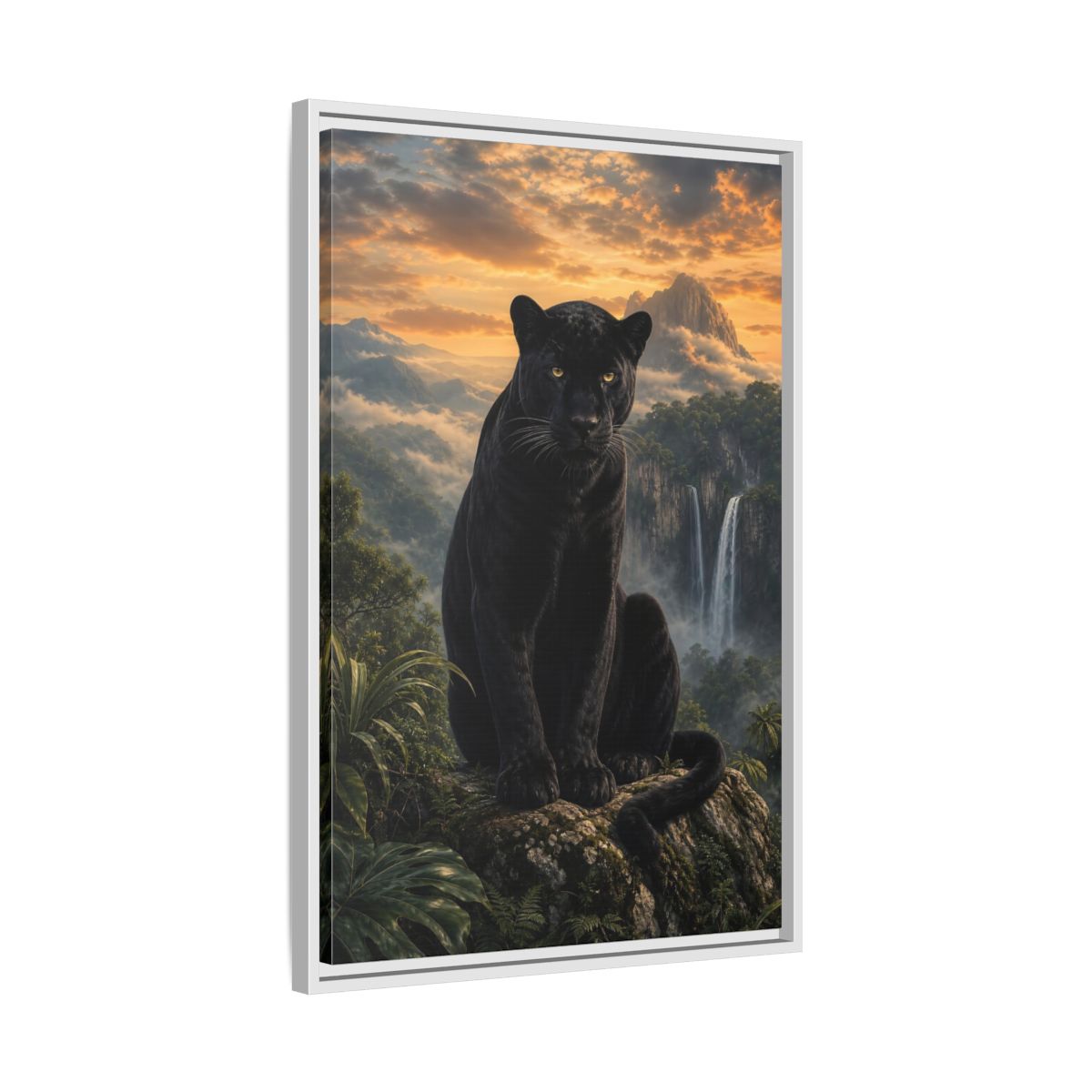 Nature Black Panther Sunset Framed Canvas Wall Art - Realistic Living Room shown as canvas wall art