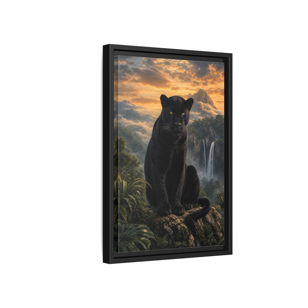 Nature Black Panther Sunset Framed Canvas Wall Art - Realistic Living Room shown as canvas wall art