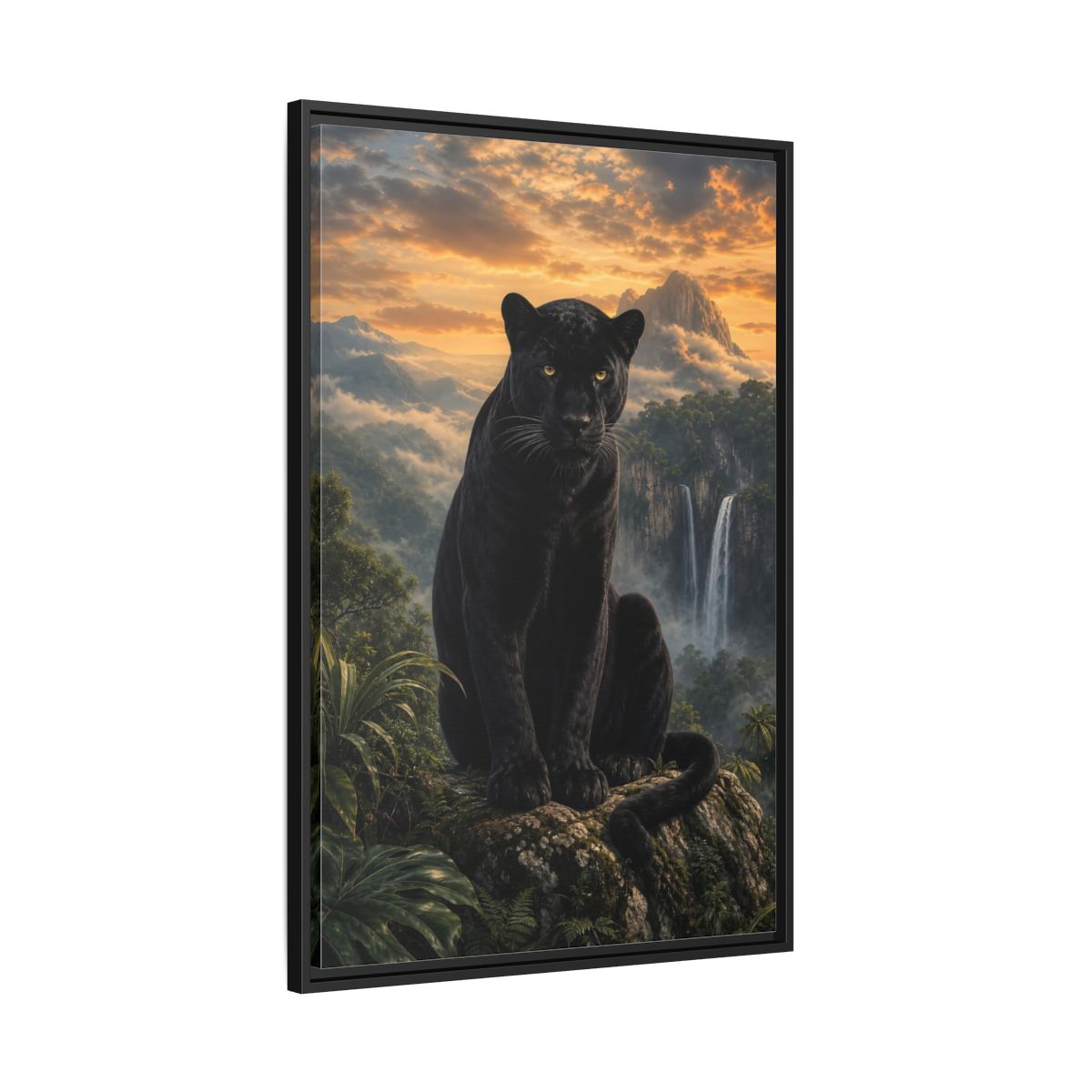 Nature Black Panther Sunset Framed Canvas Wall Art - Realistic Living Room shown as canvas wall art