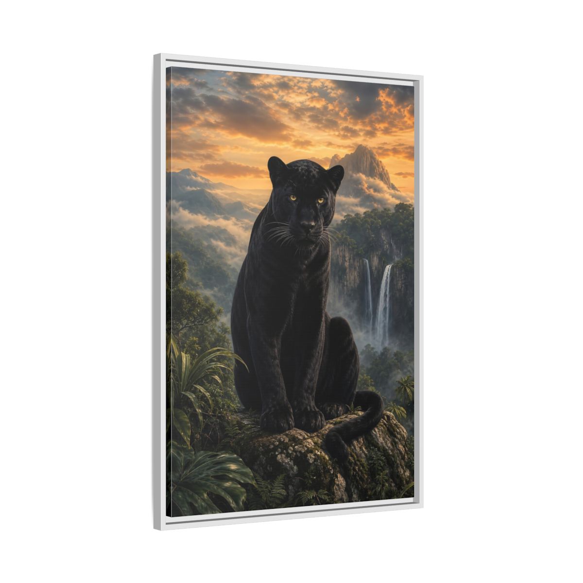 Nature Black Panther Sunset Framed Canvas Wall Art - Realistic Living Room shown as canvas wall art