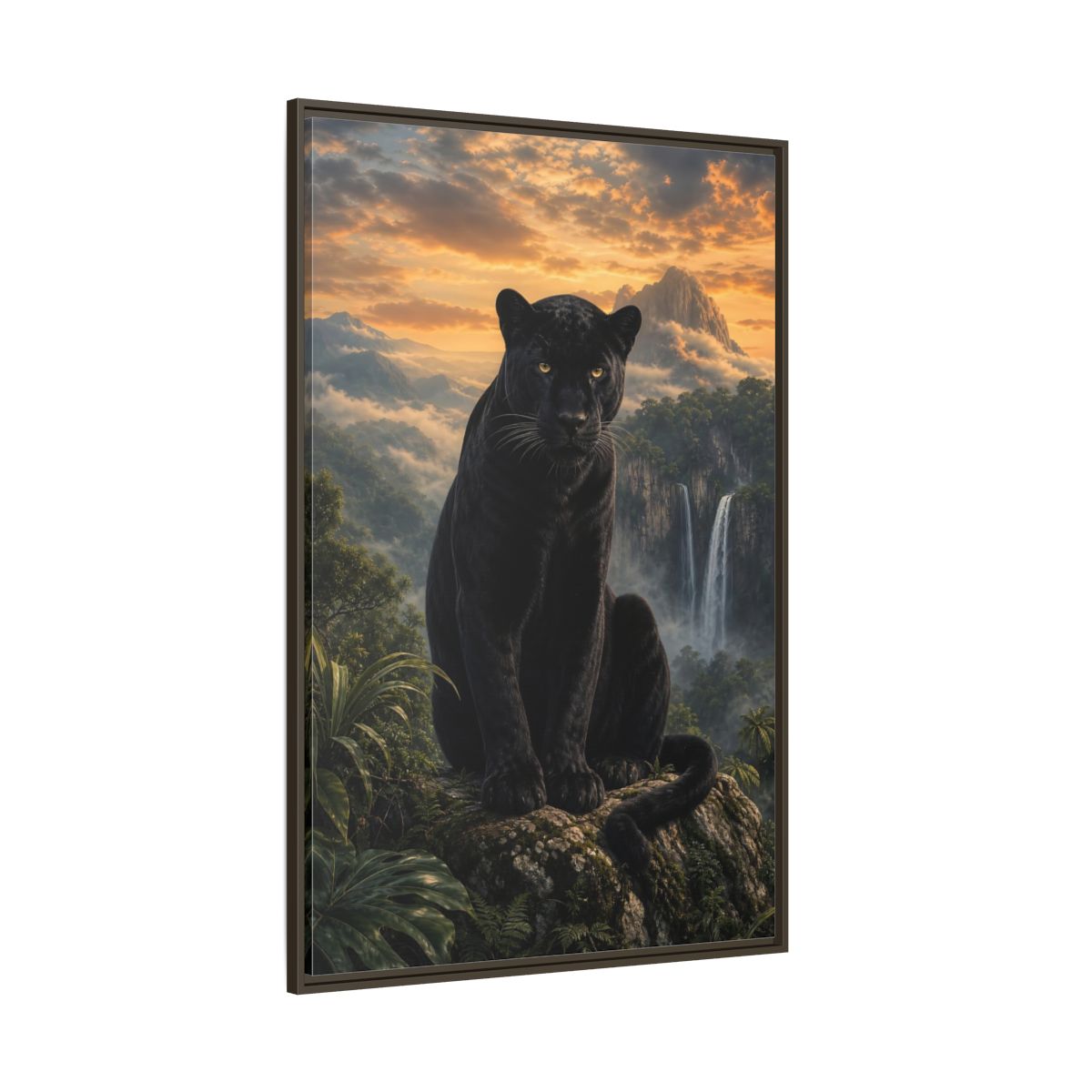 Nature Black Panther Sunset Framed Canvas Wall Art - Realistic Living Room shown as canvas wall art