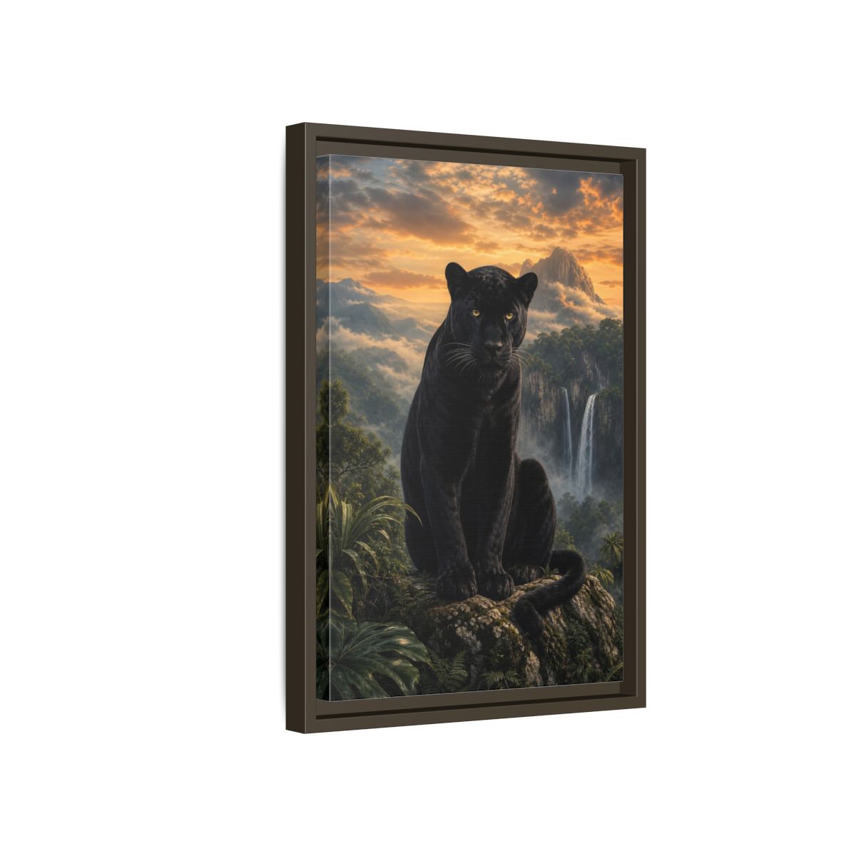 Nature Black Panther Sunset Framed Canvas Wall Art - Realistic Living Room shown as canvas wall art