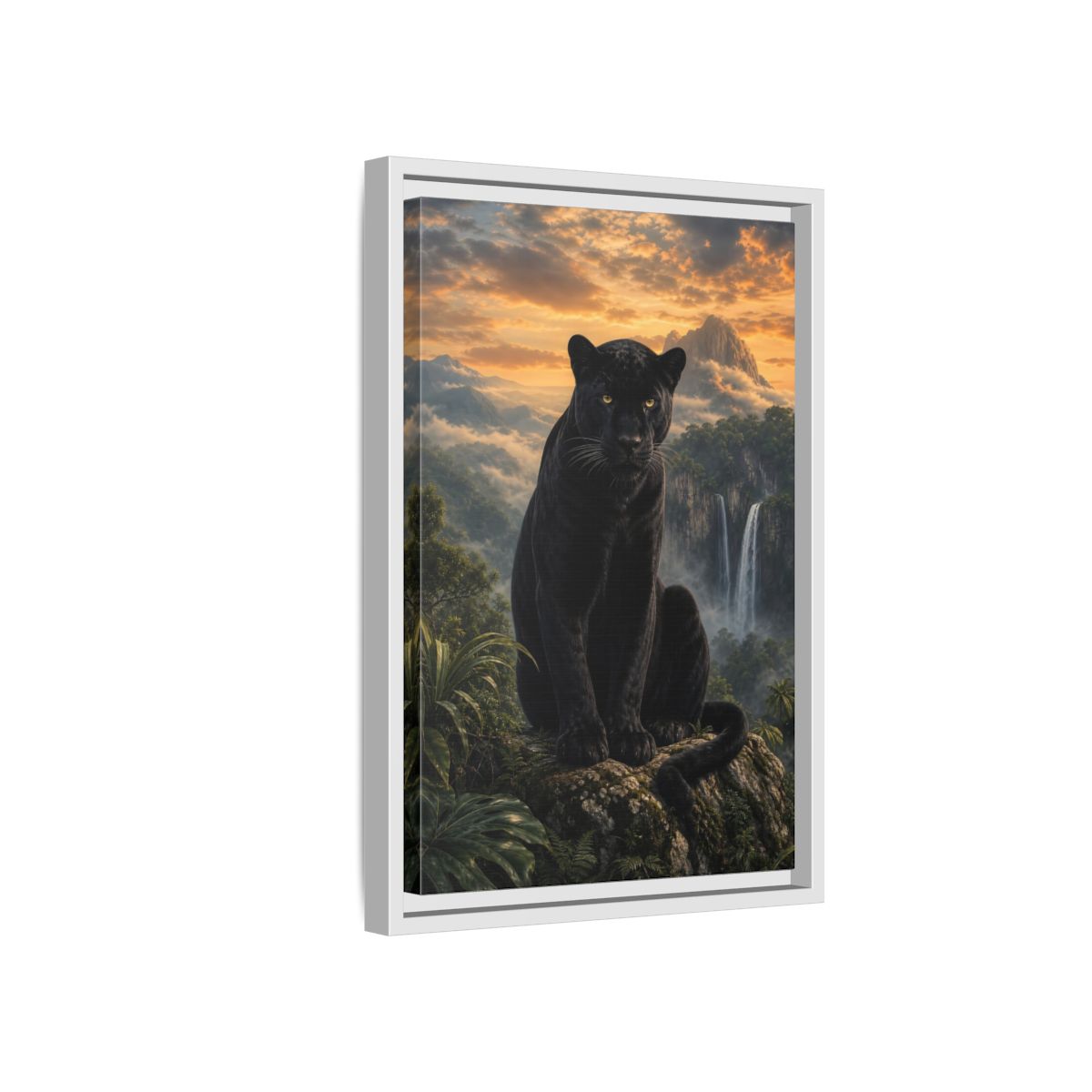 Nature Black Panther Sunset Framed Canvas Wall Art - Realistic Living Room shown as canvas wall art