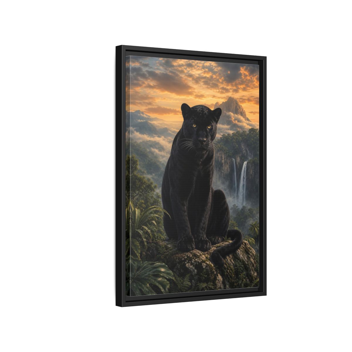 Nature Black Panther Sunset Framed Canvas Wall Art - Realistic Living Room shown as canvas wall art