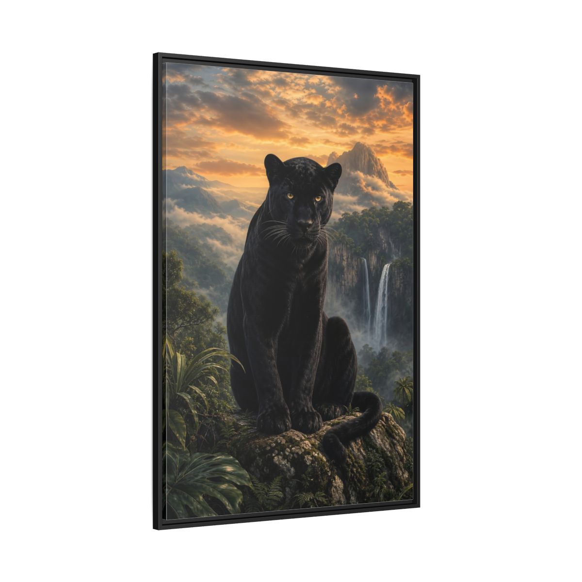 Nature Black Panther Sunset Framed Canvas Wall Art - Realistic Living Room shown as canvas wall art