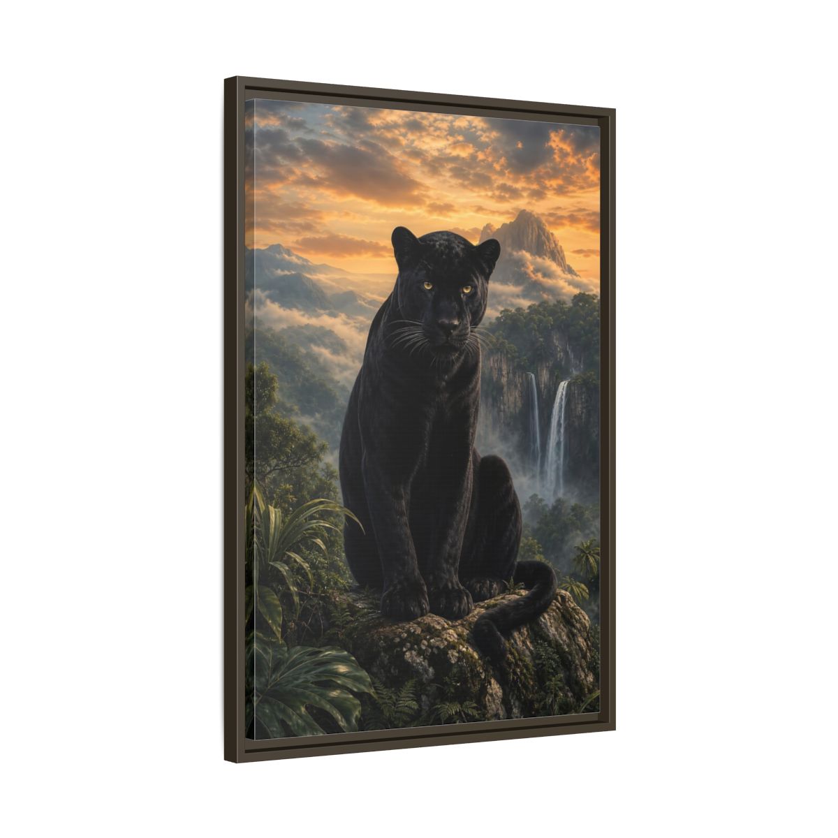 Nature Black Panther Sunset Framed Canvas Wall Art - Realistic Living Room shown as canvas wall art