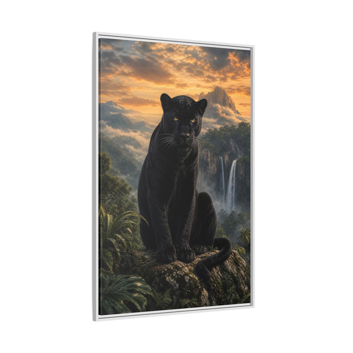 Nature Black Panther Sunset Framed Canvas Wall Art - Realistic Living Room shown as canvas wall art
