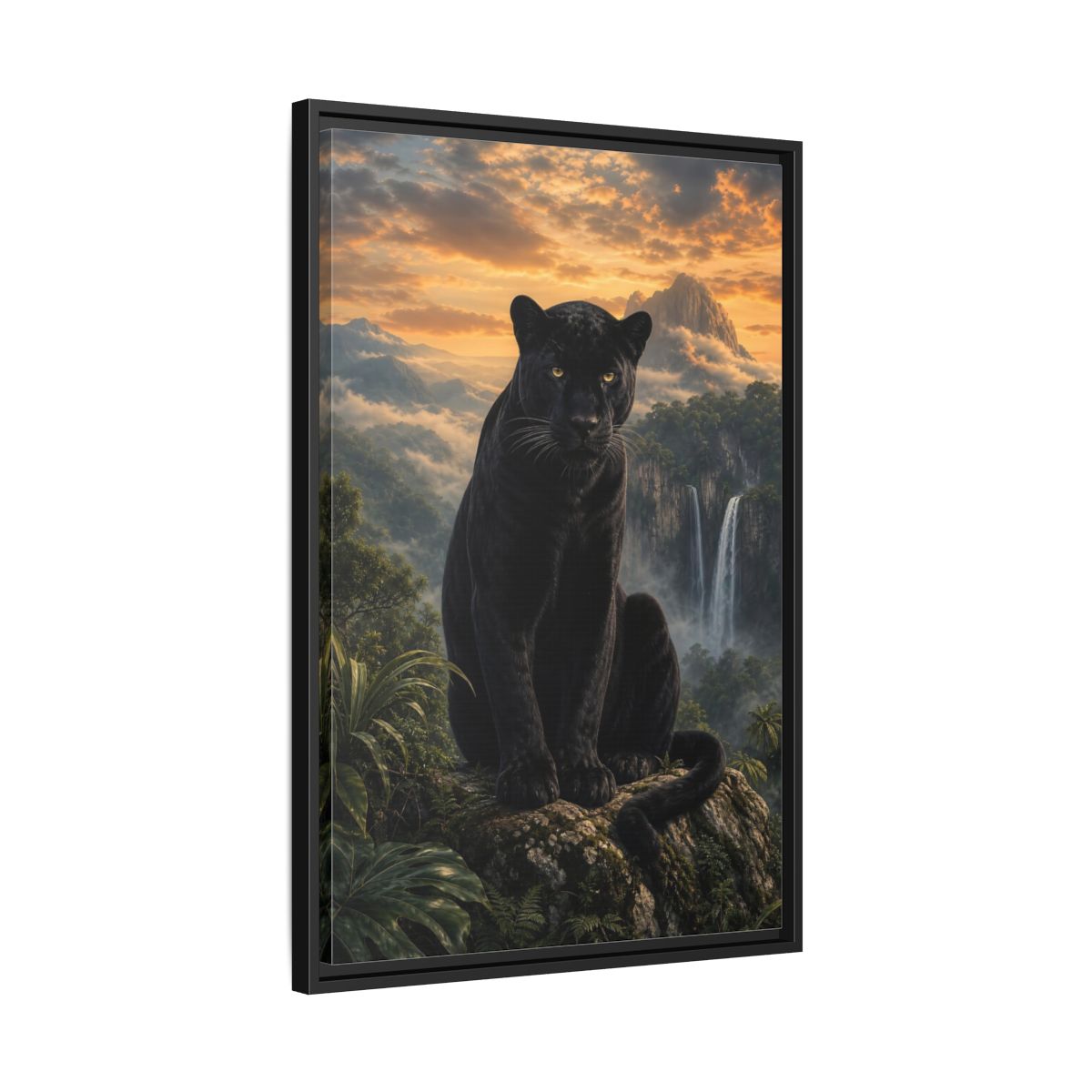 Nature Black Panther Sunset Framed Canvas Wall Art - Realistic Living Room shown as canvas wall art