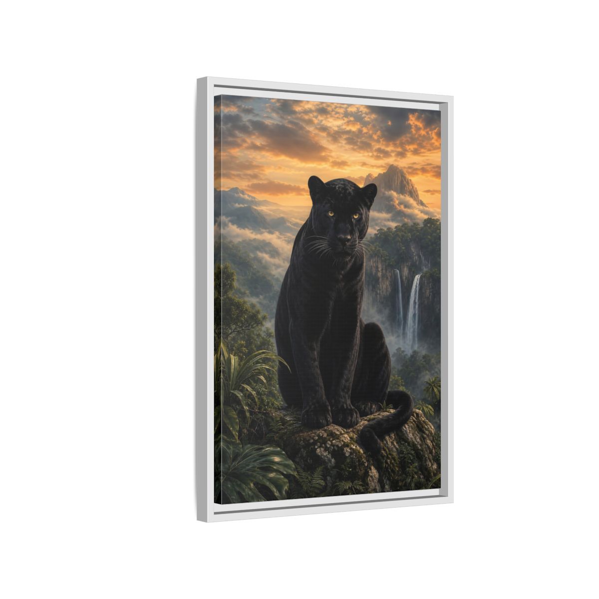 Nature Black Panther Sunset Framed Canvas Wall Art - Realistic Living Room shown as canvas wall art