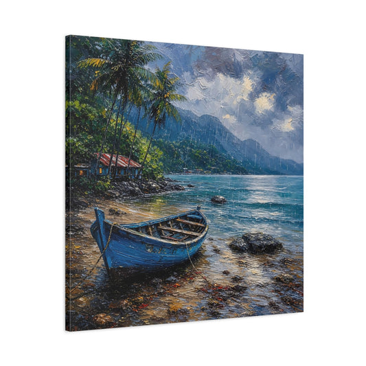 Main Mockup. Nature Blue Boat Blue Rainy Seascape shown as stretched canvas wall art