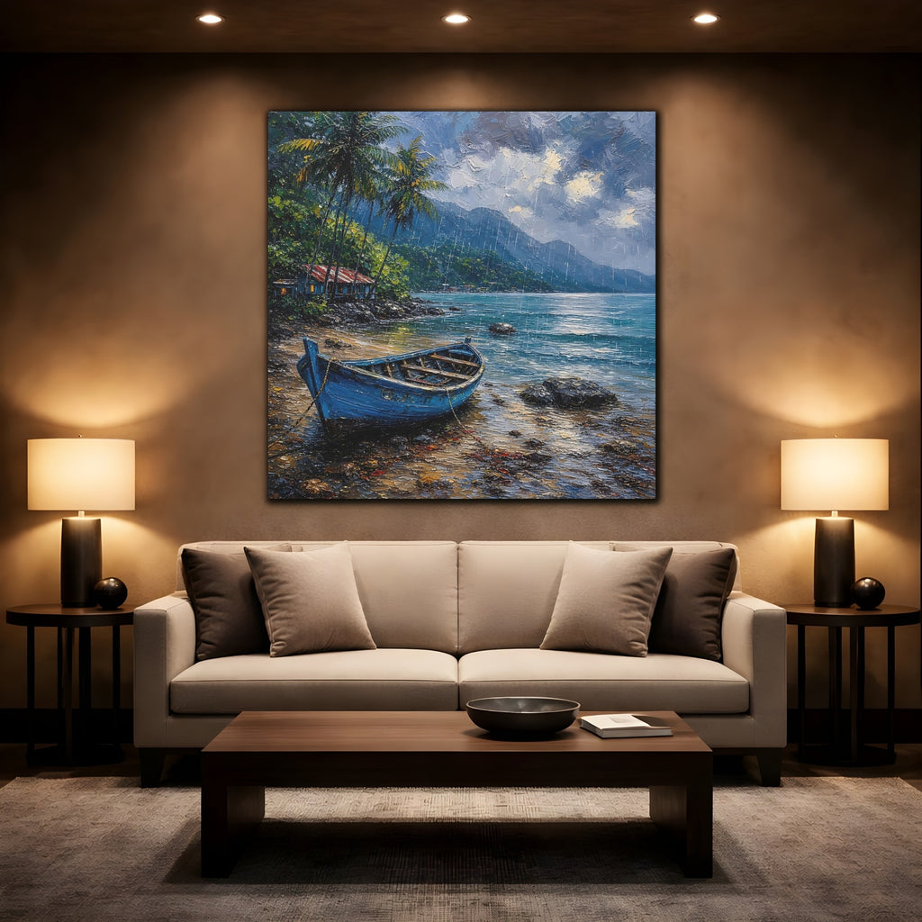 Mockup 2. Nature Blue Boat Blue Rainy Seascape shown as stretched canvas wall art