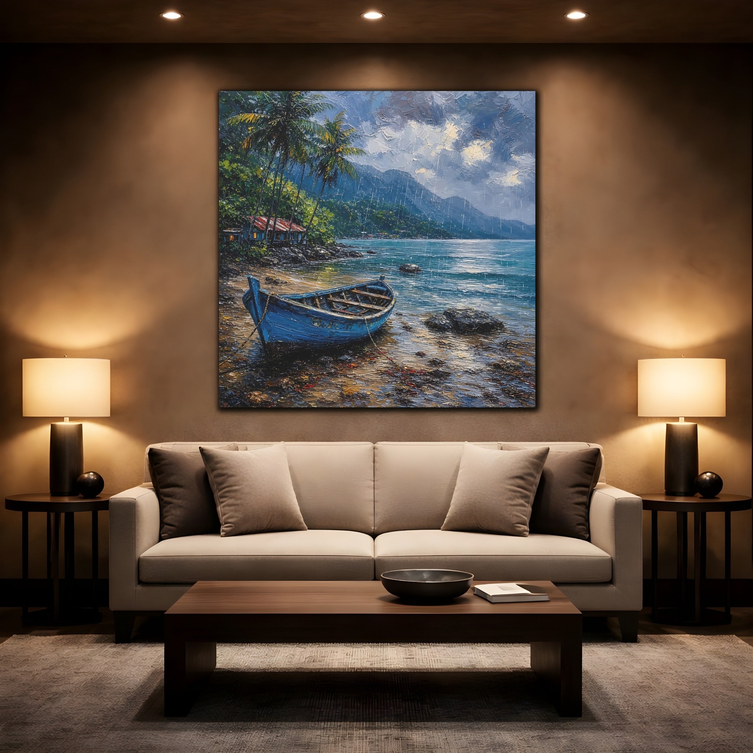 Mockup 2. Nature Blue Boat Blue Rainy Seascape shown as stretched canvas wall art