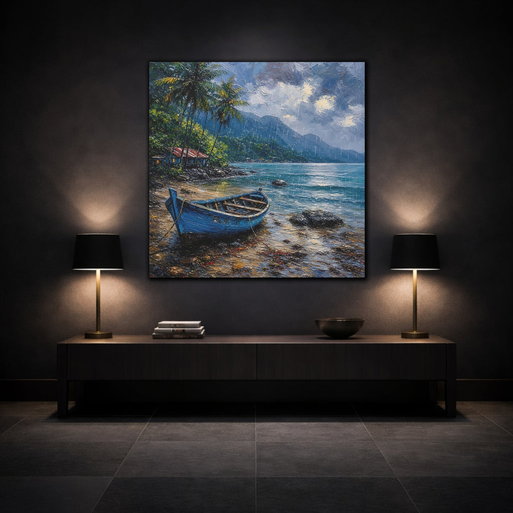 Mockup 3. Nature Blue Boat Blue Rainy Seascape shown as stretched canvas wall art
