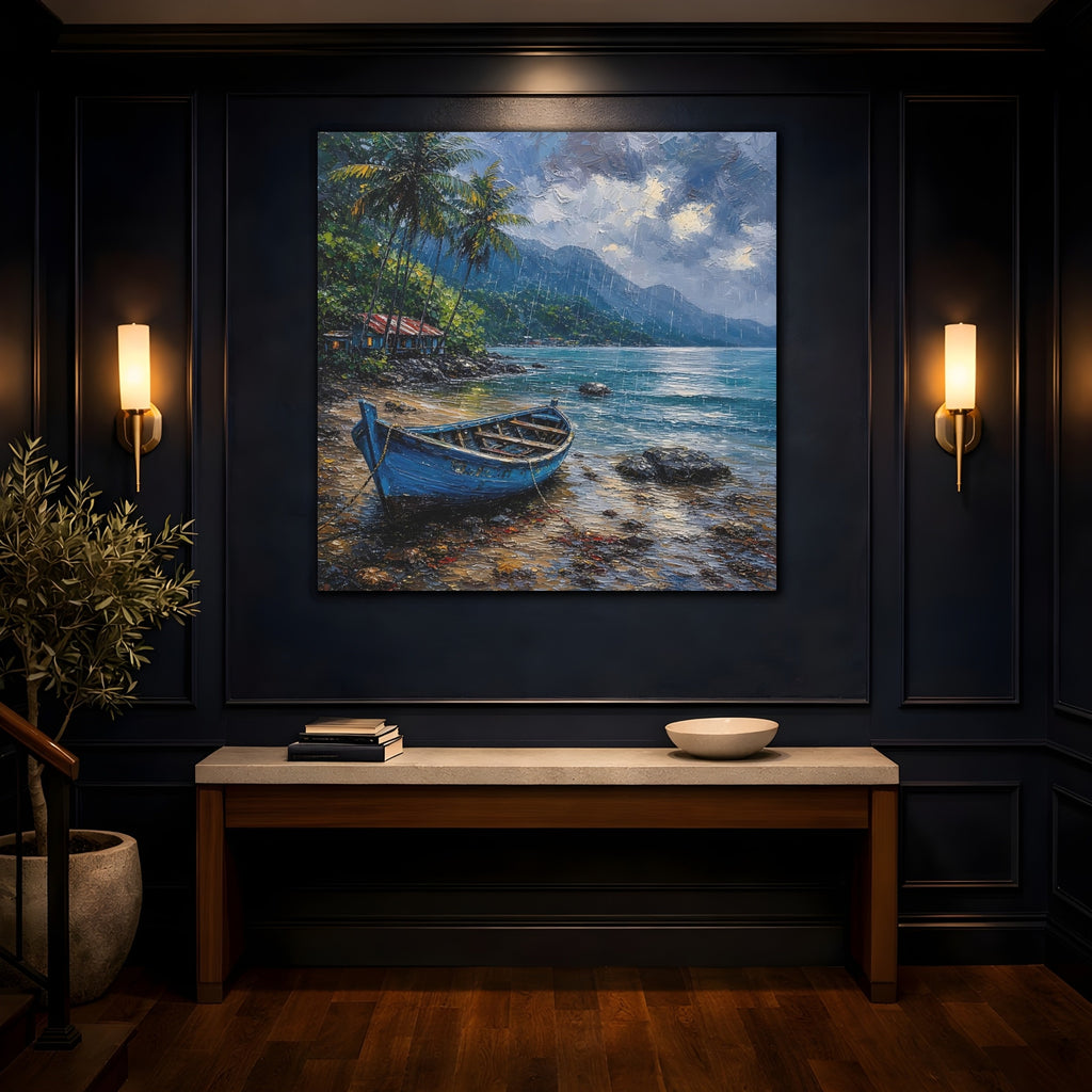 Mockup 4. Nature Blue Boat Blue Rainy Seascape shown as stretched canvas wall art