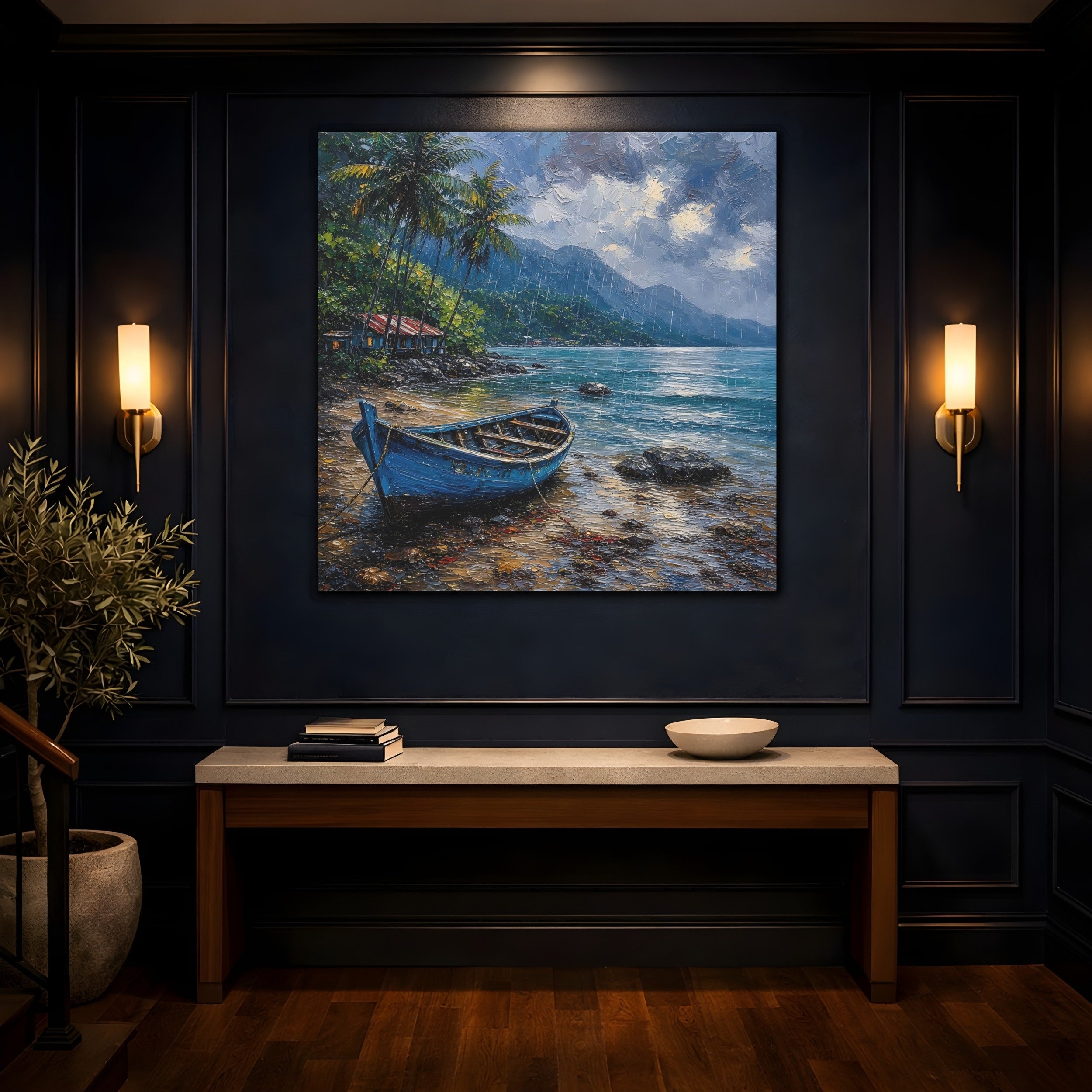 Mockup 4. Nature Blue Boat Blue Rainy Seascape shown as stretched canvas wall art