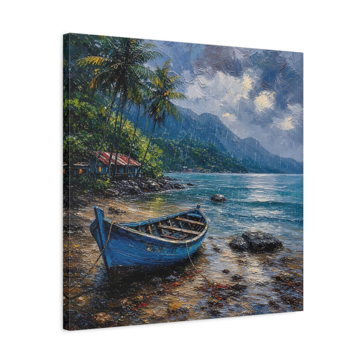 Side Mockup 4. Nature Blue Boat Blue Rainy Seascape shown as stretched canvas wall art