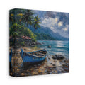 Side Mockup 2. Nature Blue Boat Blue Rainy Seascape shown as stretched canvas wall art
