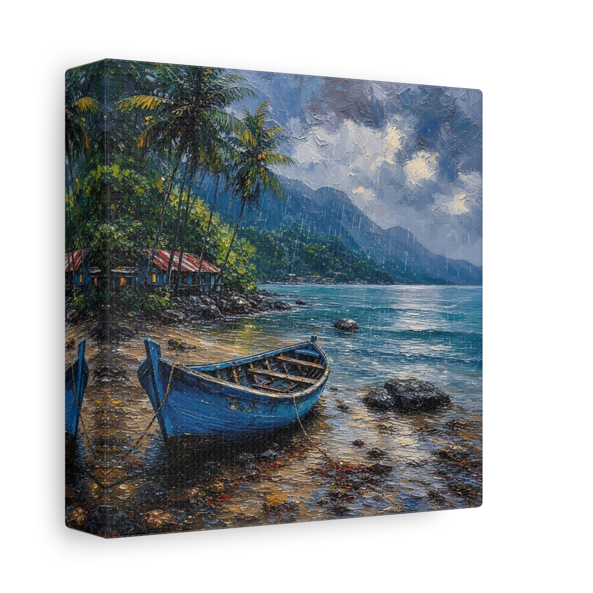 Side Mockup 2. Nature Blue Boat Blue Rainy Seascape shown as stretched canvas wall art