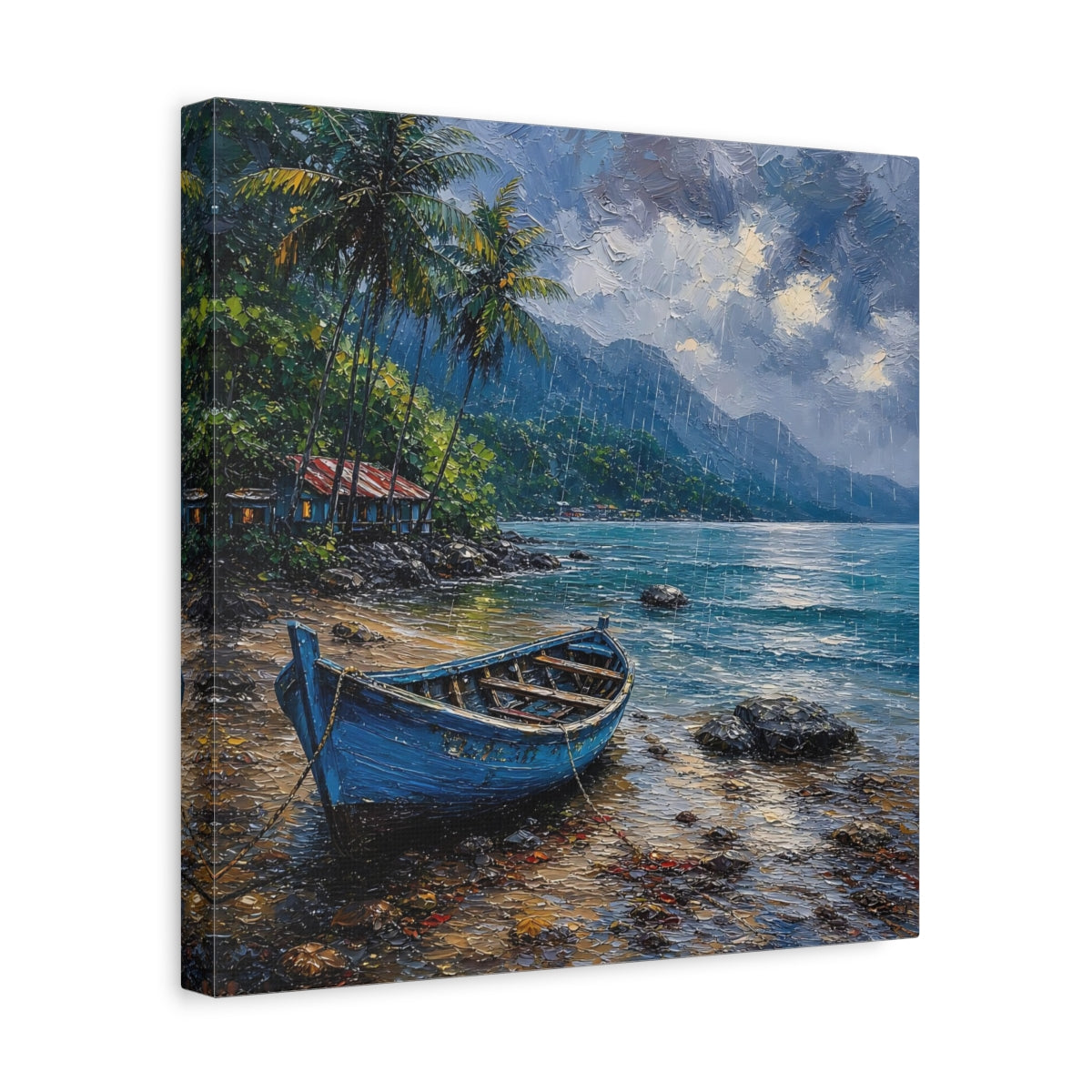 Side Mockup 7. Nature Blue Boat Blue Rainy Seascape shown as stretched canvas wall art