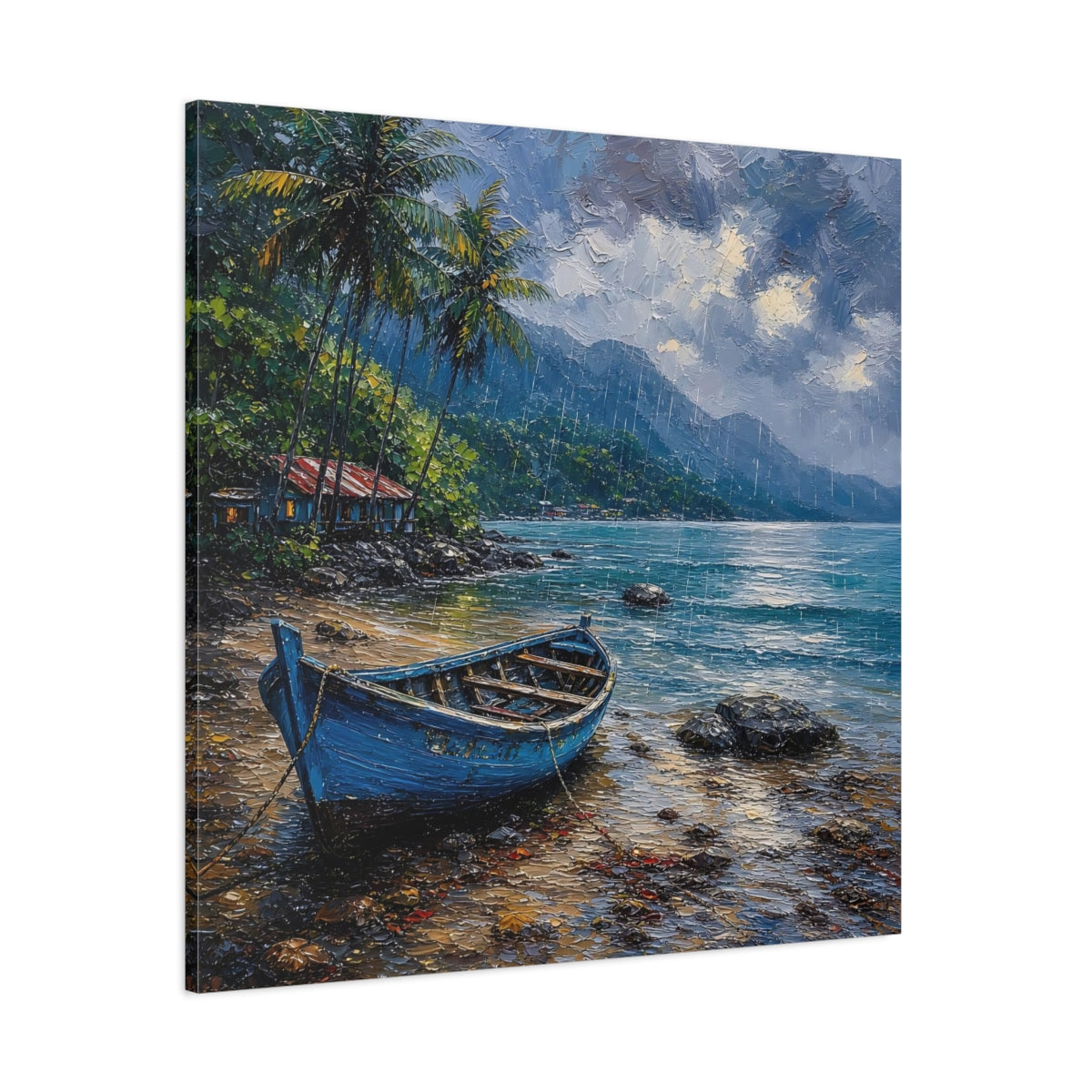 Side Mockup 1. Nature Blue Boat Blue Rainy Seascape shown as stretched canvas wall art