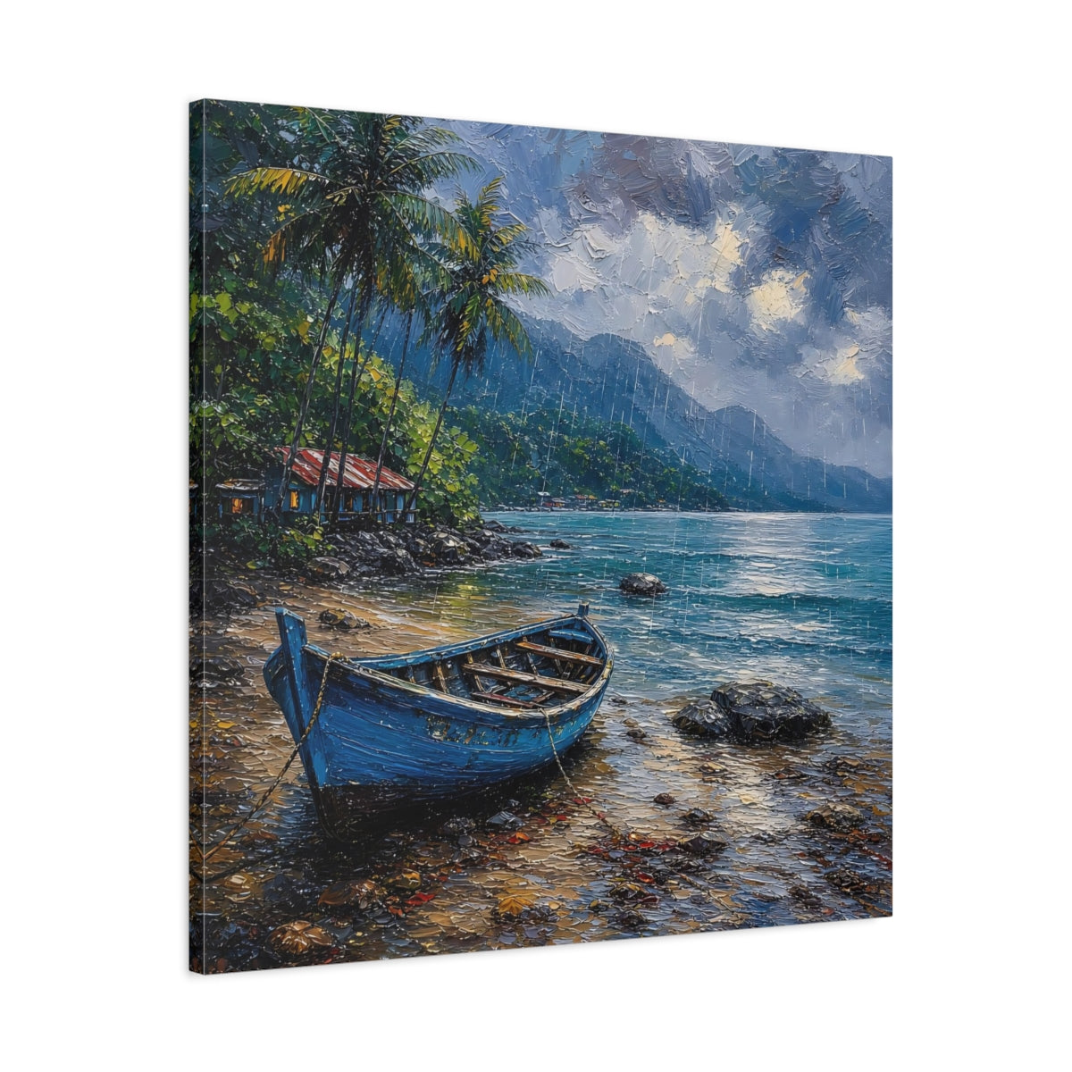 Side Mockup 3. Nature Blue Boat Blue Rainy Seascape shown as stretched canvas wall art