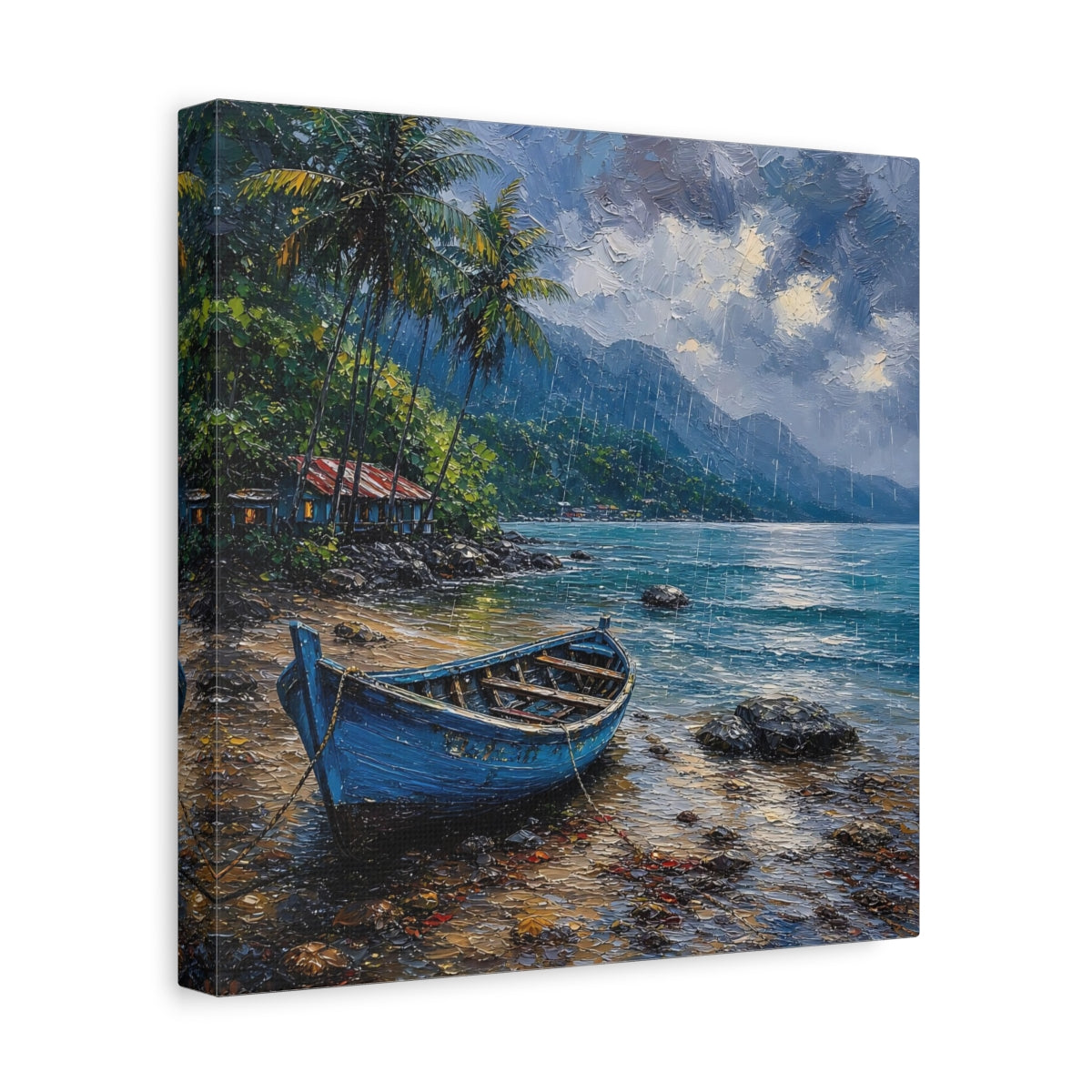 Side Mockup 8. Nature Blue Boat Blue Rainy Seascape shown as stretched canvas wall art