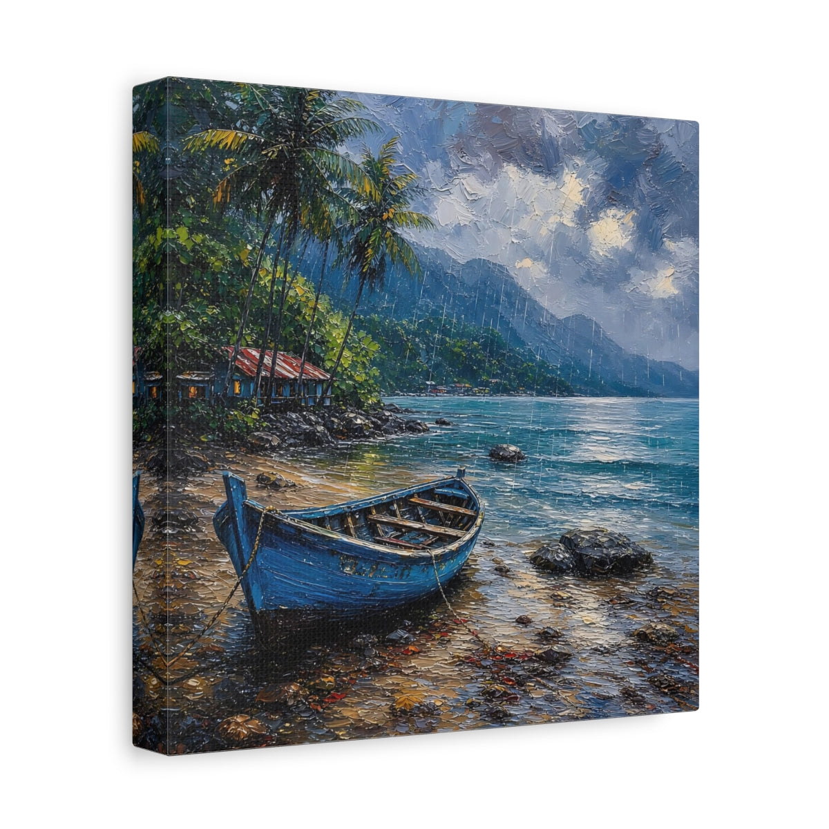 Side Mockup 9. Nature Blue Boat Blue Rainy Seascape shown as stretched canvas wall art