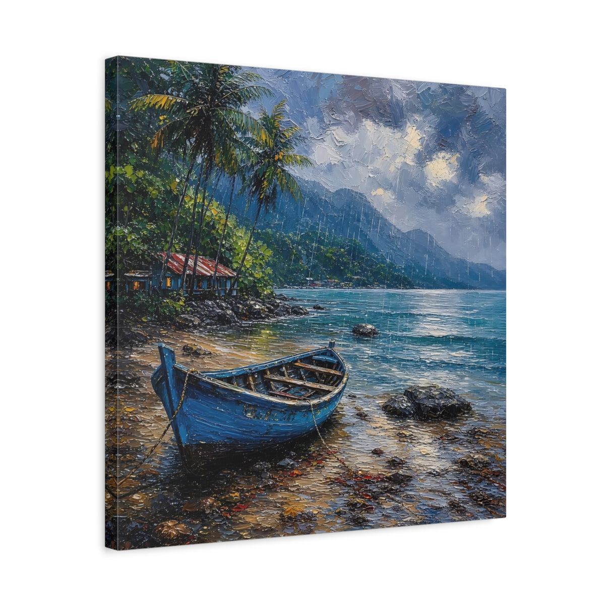 Side Mockup 5. Nature Blue Boat Blue Rainy Seascape shown as stretched canvas wall art